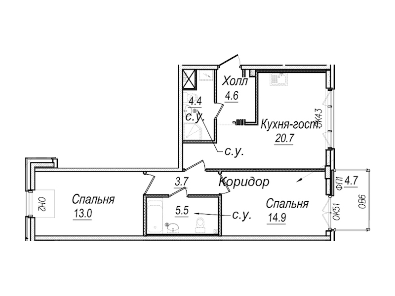 2-комнатная квартира 70.7 м², 7/8 эт., Комплекс апартаментов «Meltzer Hall»
